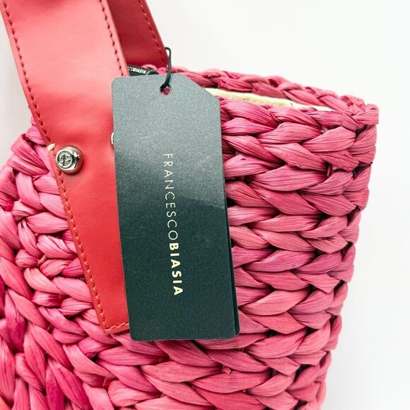 Francesco Biasia Freeway Jam Flame Red Pink Straw Woven Bag with Leather Handles - Picture 5 of 13